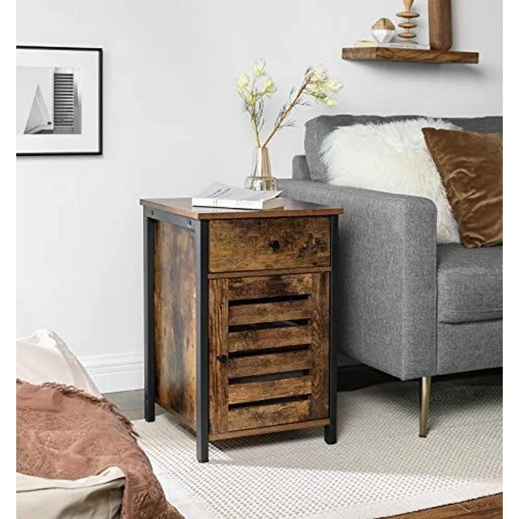 Nachttisch, Beistelltisch mit Schublade, Klapptür, Beistelltisch mit verstellbarer Ablage, Metallrahmen, Industriestil, – Bild 6