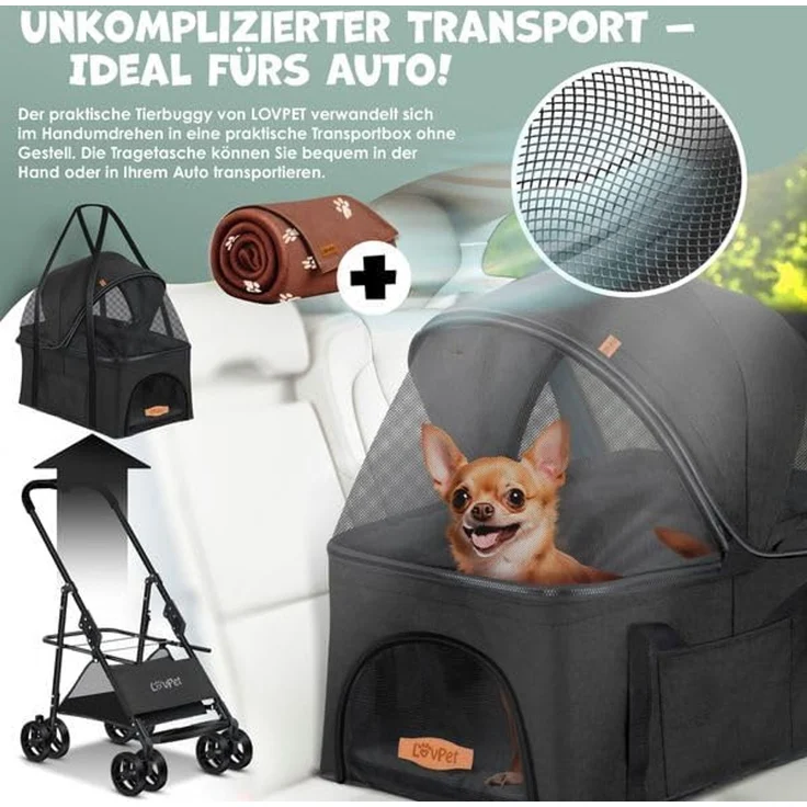 LOVPET® Hundewagen 2in1, Hundebox, Transporttasche, Faltbar, klappbar bis 20kg, mit Netzfenstern, Getränkehalter, Regenschutzabdeckung & Kuscheldecke, Anthrazit, 99,5 x 65 x 50,5 cm – Bild 3