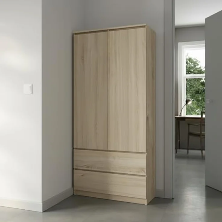 Home Collective Kleiderschrank Schrank 90cm breit mit 2 Schubladen, 3 Einlegeböden und Kleiderstange (Haushaltsschrank Schrank Organizer für Schlafzimmer Flur Keller Büro) robust & vielseitig viel Stauraum 90x50x180 (BxTxH) sonoma – Bild 3