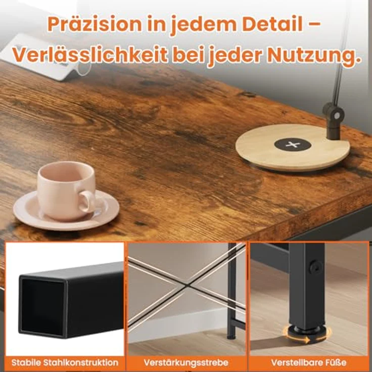 Sweetcrispy Schreibtisch mit Seitlichem Regal & Verstellbaren Füßen, 120 cm breiter Bürotisch, Starker Computertisch mit Ablagefläche, Einfacher Montage, vintagebraun – Bild 6