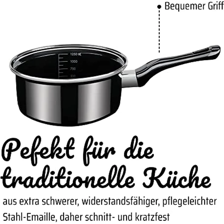 GSW Topf-Set Profi-Black-Star, Stahl-Emaille (Set, 7-tlg, 1x Stielkasserolle 16 cm, je 1x Fleischtopf 16/20/24 cm), Induktion – Bild 3