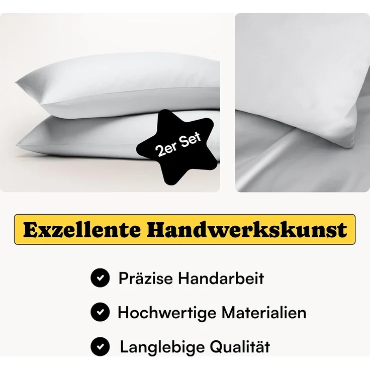 Seralino Kissenbezüge Mako Satin Kissenbezug (100% Bio Baumwolle) weich, hautfreundlich, (2 Stück), Fairtrade/ GOTS zertifizierte uni Kissenhülle mit Reißverschluss – Bild 2
