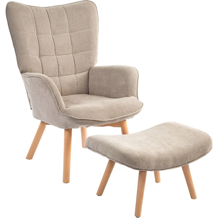 Akzentsessel mit Hocker, Relaxsessel in Cord-Optik, Armlehnstuhl mit Holzbeinen, für Wohnzimmer, Hellbraun--Khaki--80x72x101cm--YOUDENOVA – Bild 2