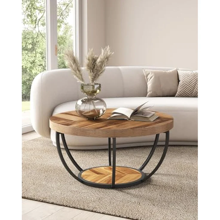 LITTLE TREE Runder Couchtisch, 81,3 cm, runder Couchtisch für Wohnzimmer, 2-stöckiger Holzakzent-Mitteltisch mit offenem Stauraum, Industrie-Design, Wohnmöbel (Holzmaserung und Schwarz) – Bild 5