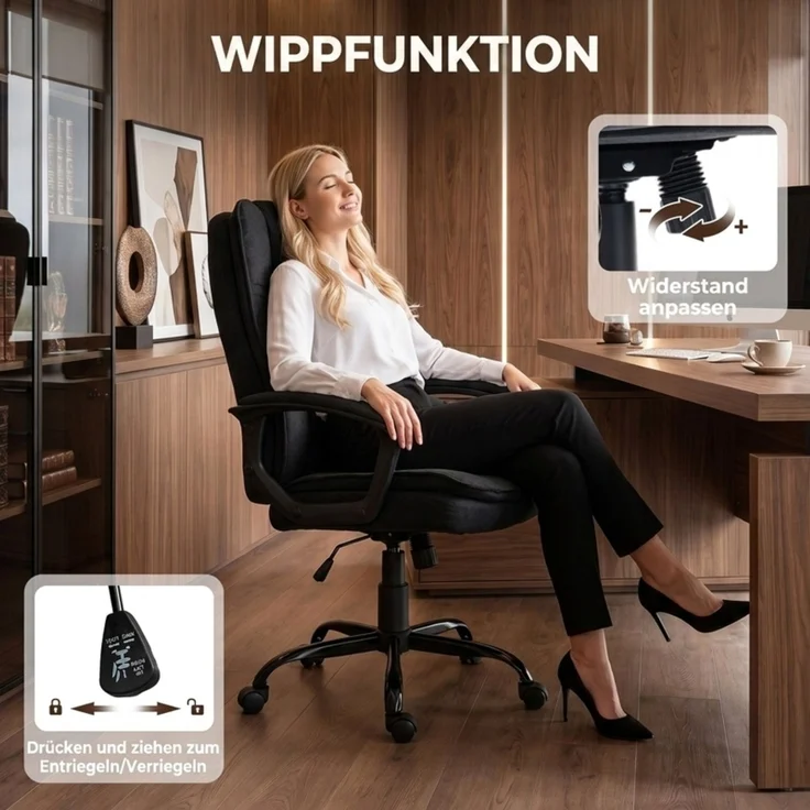 Chefsessel mit doppellagiger Polsterung, Bürostuhl aus Stoff, höhenverstellbar, mit Armlehnen, Schwarz--Schwarz--70x63x112cm--YOUDENOVA – Bild 6