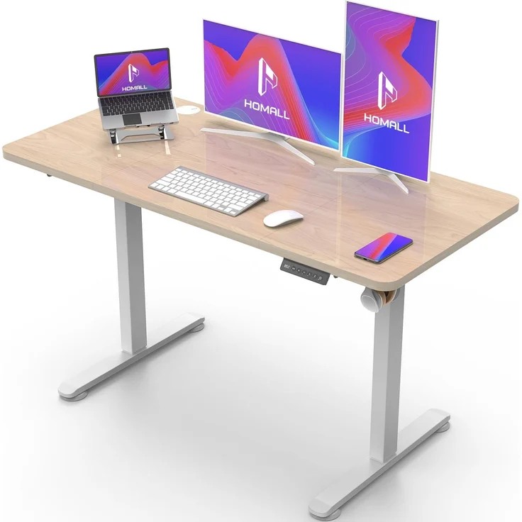 Homall Höhenverstellbarer Schreibtisch 120x60cm mit USB-Anschluss,Beige | Höhe verstellbar 73-118 cm, Memory-Funktion mit 2 Höhen,1 Haken, Bürotisch