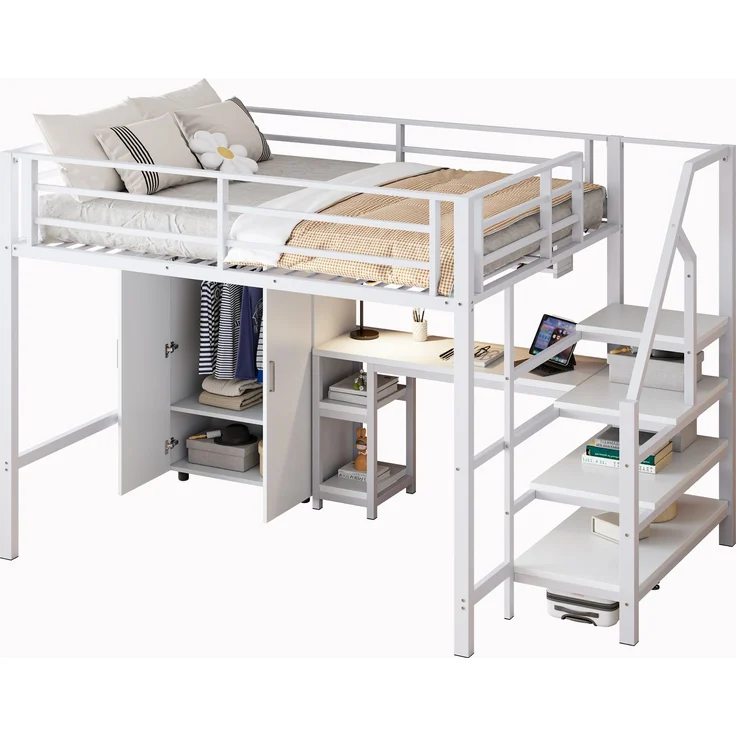 Hochbett 140 × 200 cm, integrierter Schreibtisch, Kleiderschrank, offene Regale und Ablageleiter, platzsparendes Design, Weiß – Bild 7