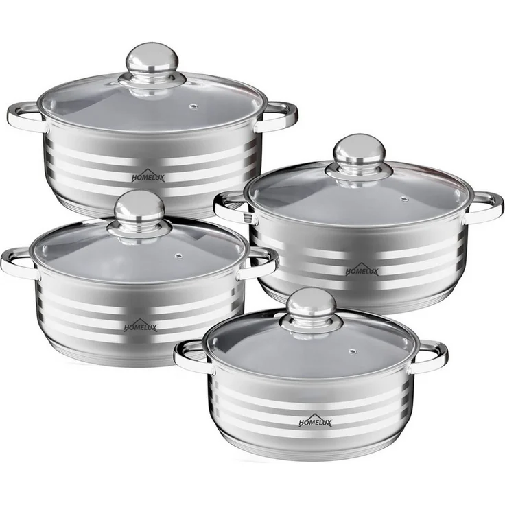 HOMELUX Topf-Set 8/10tlg Edelstahl Topfsets für alle Herdarten, Edelstahl (1,6/2,3/3,1/3,4/4,2/4,5/5,8/6,3/7,3 Liter, 4-tlg, für alle Herdarten), Induktion, mit Glasdeckel – Bild 2