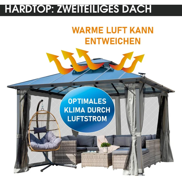 BRAST Pavillon Aluminium Pagode inkl. Moskitonetz, festes Dach, wasserdicht, stabil, UV-Schutz, 3,5x3,5 m, Hellgrau – Bild 3
