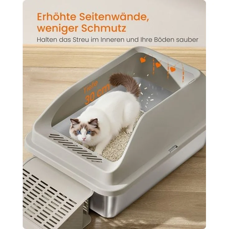 FEANDREA Katzenklo, Katzentoilette, mit hohen Seitenwänden, geräumig, Schaufel, Bürste, kaffeebraun – Bild 4