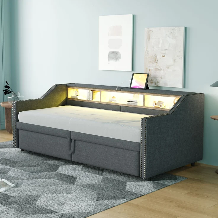 Ausziehbares Schlafsofa 90/180×200 cm mit seitlichen Ablagefächern, USB-Anschluss, Leinenbezug & Lattenrost,Polsterbett,Dunkelgrau – Bild 3