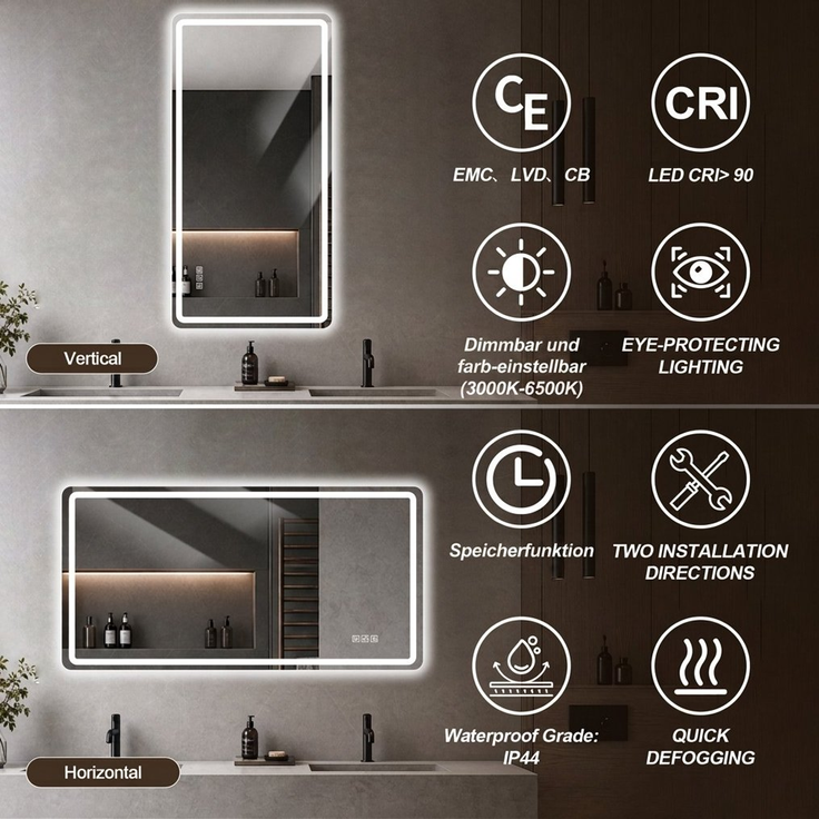 LED-Badezimmerspiegel aus Glas, dimmbar & Anti-Beschlag, 60x100 cm, Silber – Bild 7