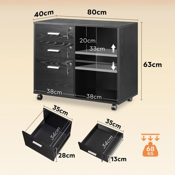 DEVAISE Aktenschrank Rollcontainer mit 3 abschließbaren Schubladen & offenem Fach, (80×40×63 cm) mobiler Aktenschrank auf Rollen, Hängeregistratur Letter – Bild 3