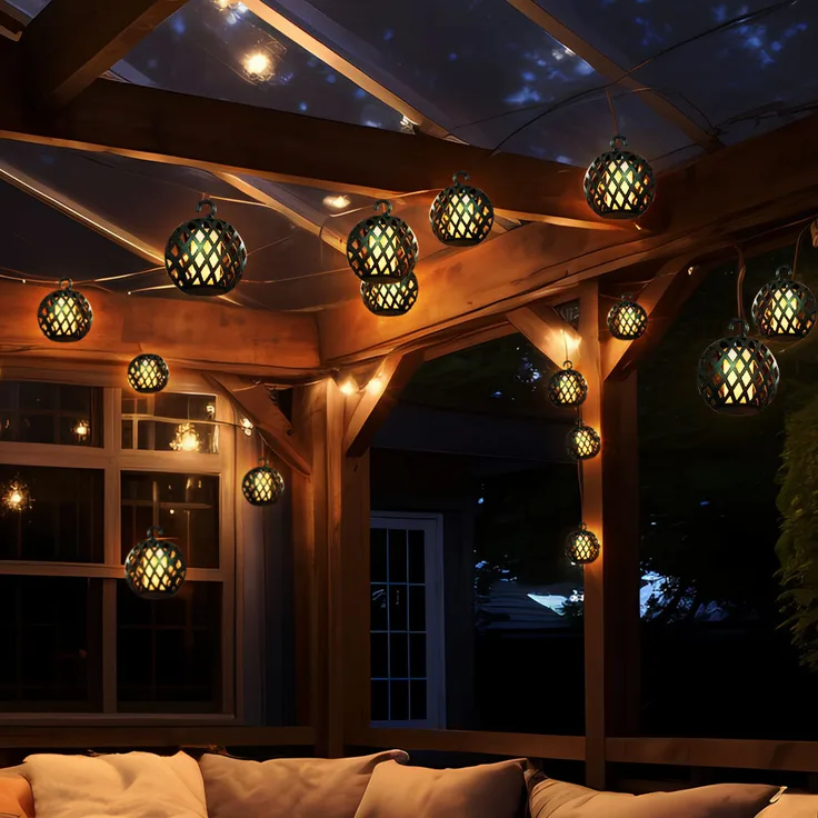 LED Solar Lichterkette, 16x Kugel, Flammen-Effekt, L 200 cm