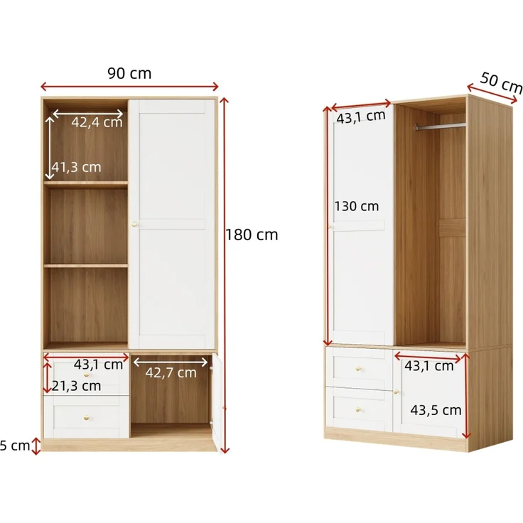 Merax Schiebetür-Kleiderschrank, Schiebetürenschrank, Kleiderschrank mit Schiebetüren, Multifunktions-Kleiderschrank, mit Kleiderstange und Schubladen, Weiß & Holzfarbe, 90×50×180 cm – Bild 4