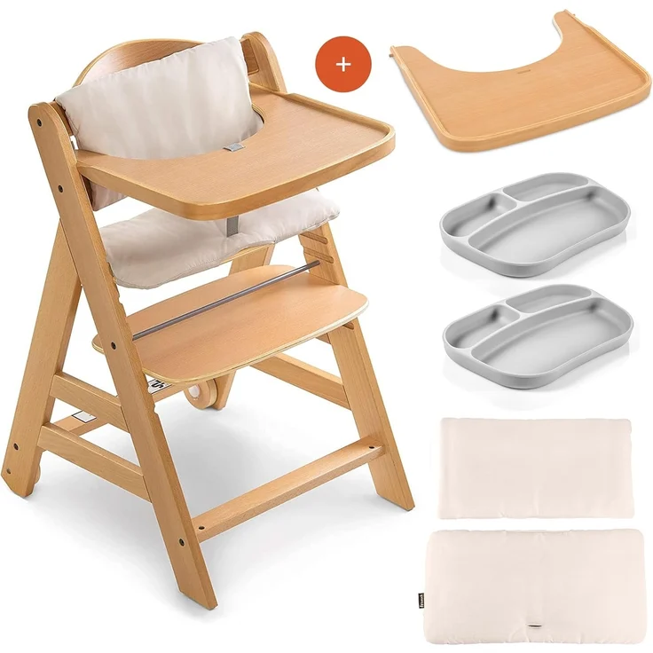 Hauck Hochstuhl Set Alpha Plus Move inkl. Essbrett, Sitzkissen und 2x Babyteller Silikon - mitwachsender Holz Babystuhl / Kinderhochstuhl mit Rollen, Gurt und Tisch - Natur Beige – Bild 1
