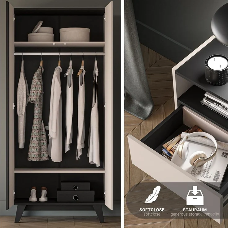 Lomadox Schlafzimmer-Set FRIONA-131, (Spar-Set, 2-tlg, Kleiderschrank Nachtkommode), kaschmir schwarz modern Möbelfüße Softclose – Bild 2