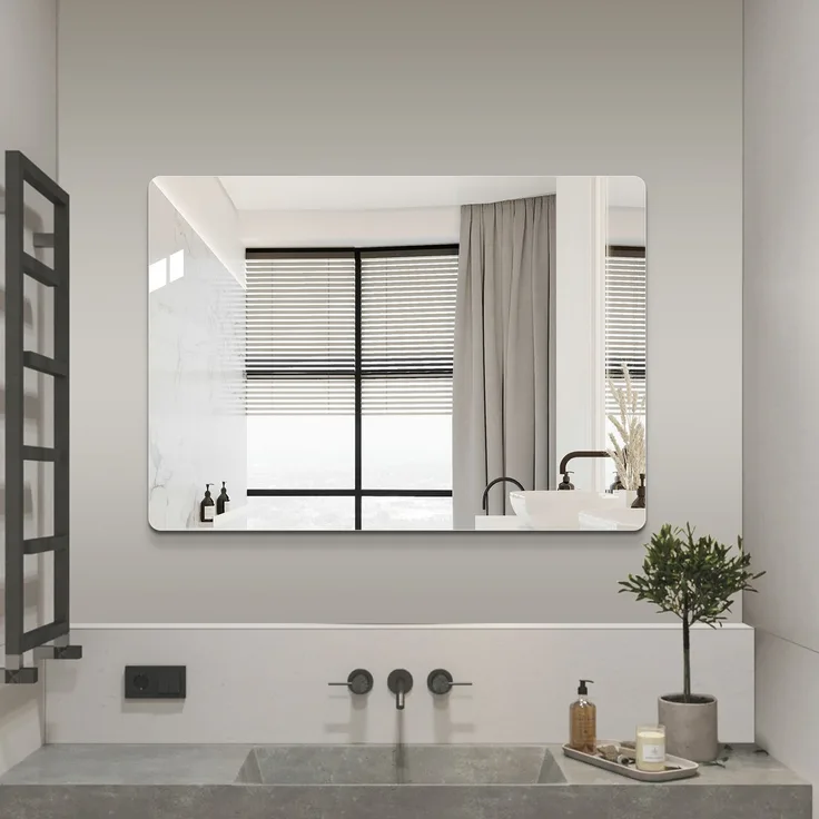 50*70 cm Badezimmerspiegel, rahmenlos mit abgerundeten Ecken, 5 mm HD-Silberspiegel, Sicherheitsfolie, horizontal oder vertikal montierbar--Silber--50x70x1.5cm--YOUDENOVA