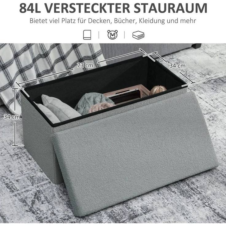 HOMCOM Sitzbank mit Stauraum faltbar Polsterbank mit Samtoptik (Sitztruhe, 1-St, Truhenbank), für Wohnzimmer Schlafzimmer Flur 76 x 38 x 38 cm, Dunkelgrau – Bild 3