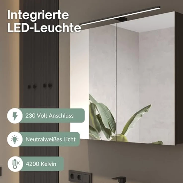 Planetmöbel ARIA Spiegelschrank Bad mit Beleuchtung 80 cm breit | Badschrank hängend mit Spiegel | Anthrazit, mit Leuchte und Steckdose, Spiegelschrank Gäste WC 80 x 70 x 16 cm – Bild 7