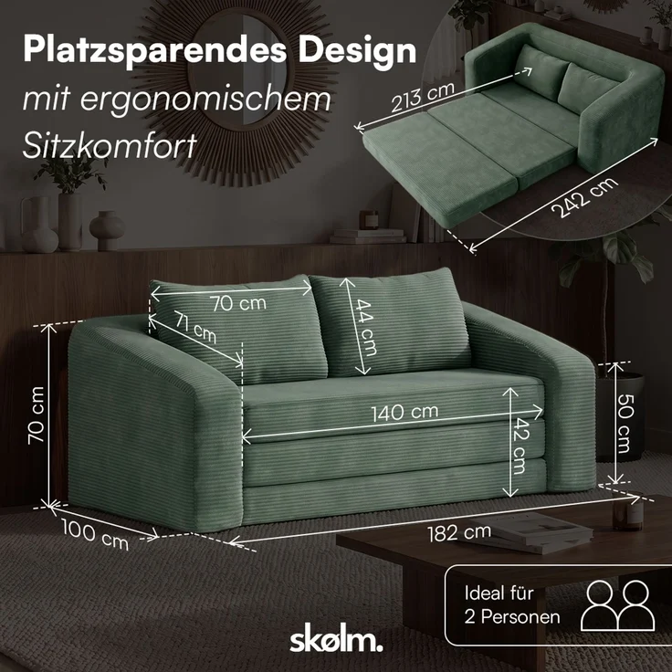 skølm 'Fjäll' Schlafsofa 2 Sitzer mit 2 Kissen, dunkelgrün, Cordsofa ausklappbar, mit Liegefunktion, vakuumverpackt ohne Aufbau – Bild 9