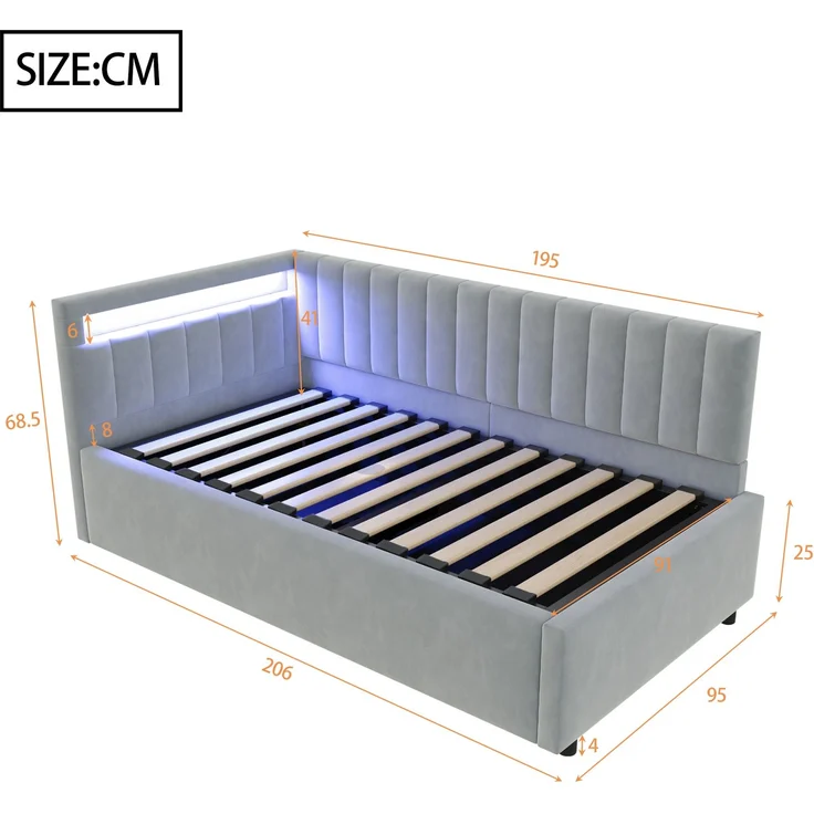 Merax Polsterbett Schlafsofa 90x200, mit LED-Beleuchtung und hydraulischem Stauraum, klassisches vertikales Streifendesign, seitliche Kopfteile mit austauschbaren Positionen, Lattenrost, Samtstoff, Hellgrau – Bild 4