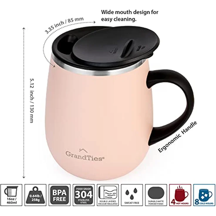 Grandties Insulated Coffee Mug with Handle, Sliding Lid for Splash-Proof 16 oz Wine Glass Shape Thermal Tumbler with Double Walled Vacuum Stainless Steel to Keep Beverages Hot or Cold- Peach Crème – Bild 5