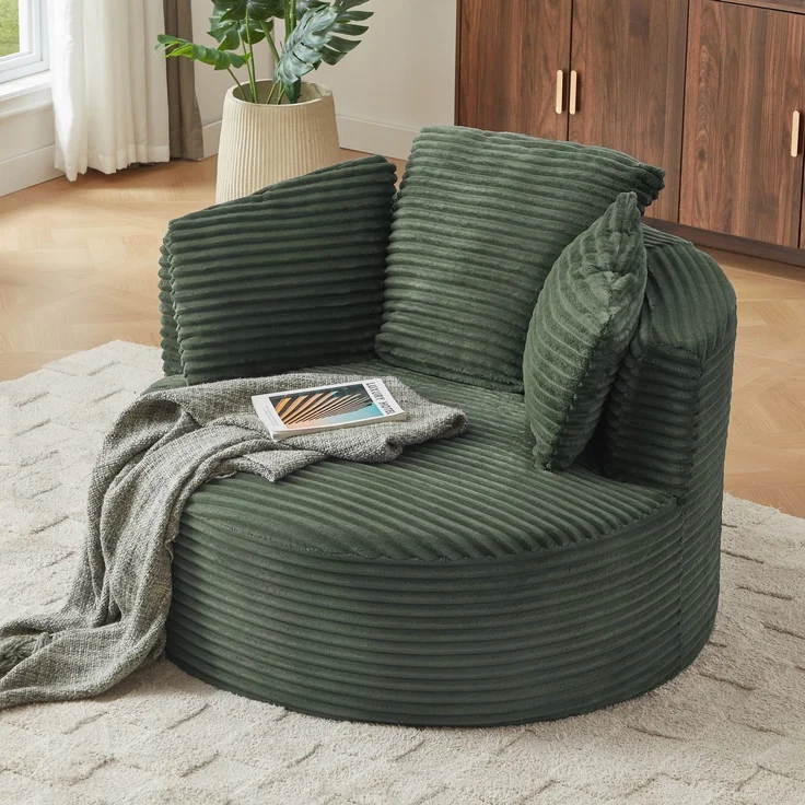 Übergroßes rundes Sofa, ultraweicher Cord-Loungesessel mit Federkernkissen, vollständig komprimierbarer Sitzsack mit Baumwollfüllung, keine Montage erforderlich, maximale Belastbarkeit 80 kg, für Wohnzimmer und Schlafzimmer--Dunkelgrün--124x113x86cm--Y... – Bild 5