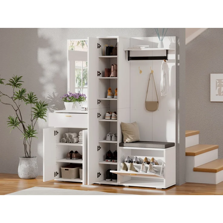 Garderobenset 150 x 36 x 180 cm mit Spiegel, Sitzbank und Schuh-Kippfach in Weiß – Bild 2