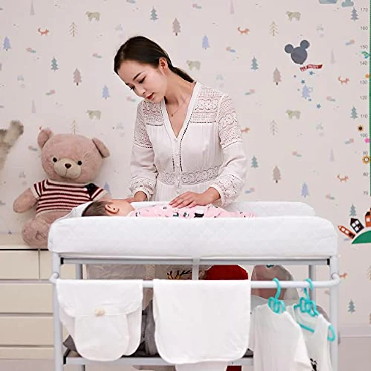 Wasserdichter mobiler Wickeltisch mit Ablagekorb, klappbar, max. Belastbarkeit 50 kg, Wickeltisch für Babys mit Badewanne, mit 4 360° geräuschlosen Rädern,84 x 72 x 90 cm (Weiß) – Bild 9