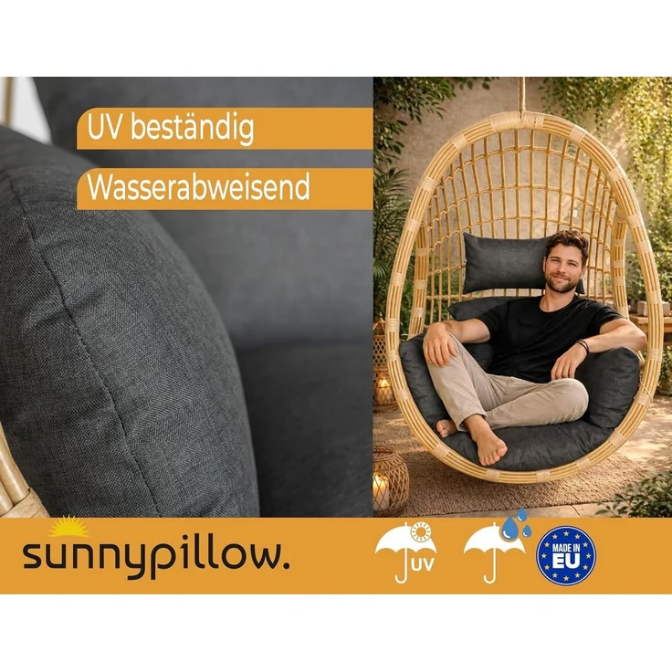 sunnypillow Hängesessel Auflage für Rattan & Polyrattan Hängeschaukel, Anhrazit – Bild 2
