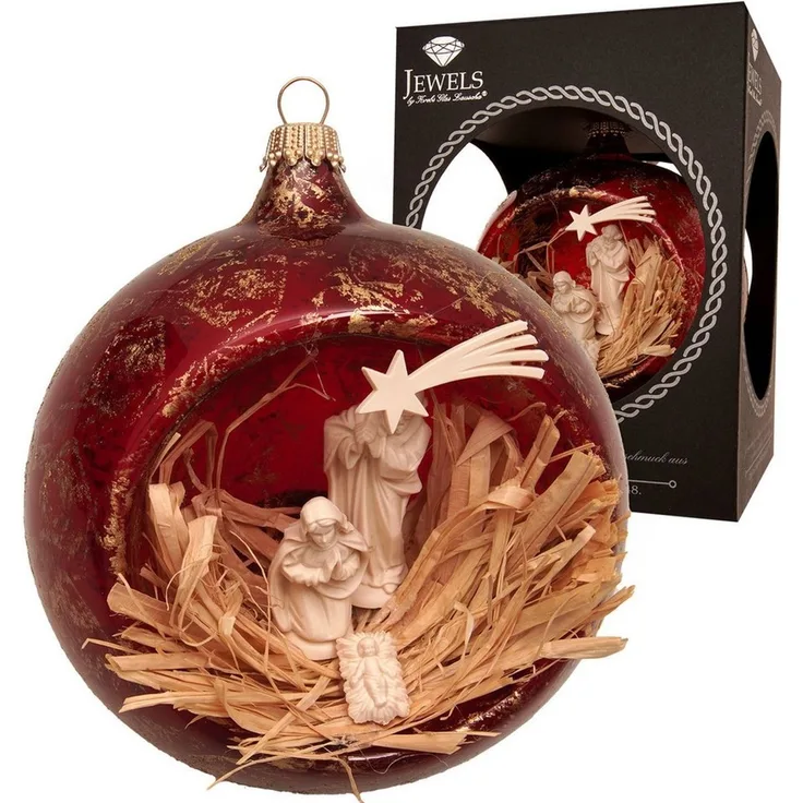 Krebs Glas Lauscha Weihnachtsbaumkugel Weihnachtskugel Krippenszene rot 10cm, Dekoriert mit Liebe zum Detail