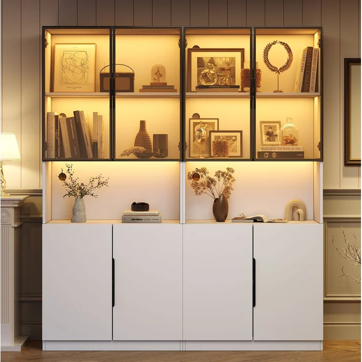 DESVIAE Vitrine mit LED-Beleuchtung, Glastüren und Stauraum 160x200x30 cm aus Spanplatte, Weiß – Bild 3