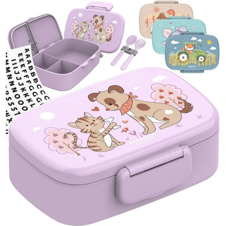 BEARFOOT Lunchbox Brotdose Kinder Fächern, leicht & auslaufsicher - Hund Katze, Kindergarten und Schule - Mädchen und Jungen, Vesperbox, Snackbox