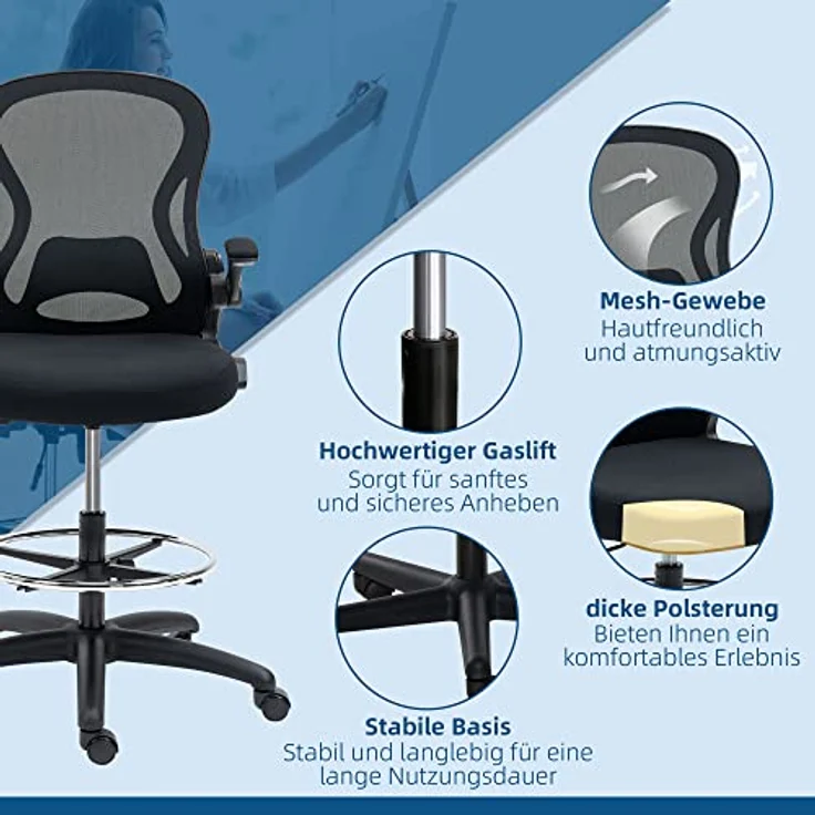 Vinsetto Ergonomischer Bürostuhl, Schwarz, höhenverstellbar mit Mesh-Gewebe und klappbaren Armlehnen, 65x122x59 cm – Bild 9