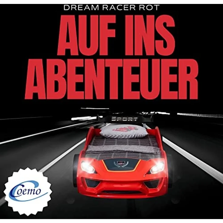 Coemo Autobett DREAM RACER (Spielbett mit Spoiler), Rot Kinderbett 90x200 Sportsitz Rückenpolster, Lattenrost LED-Licht – Bild 6