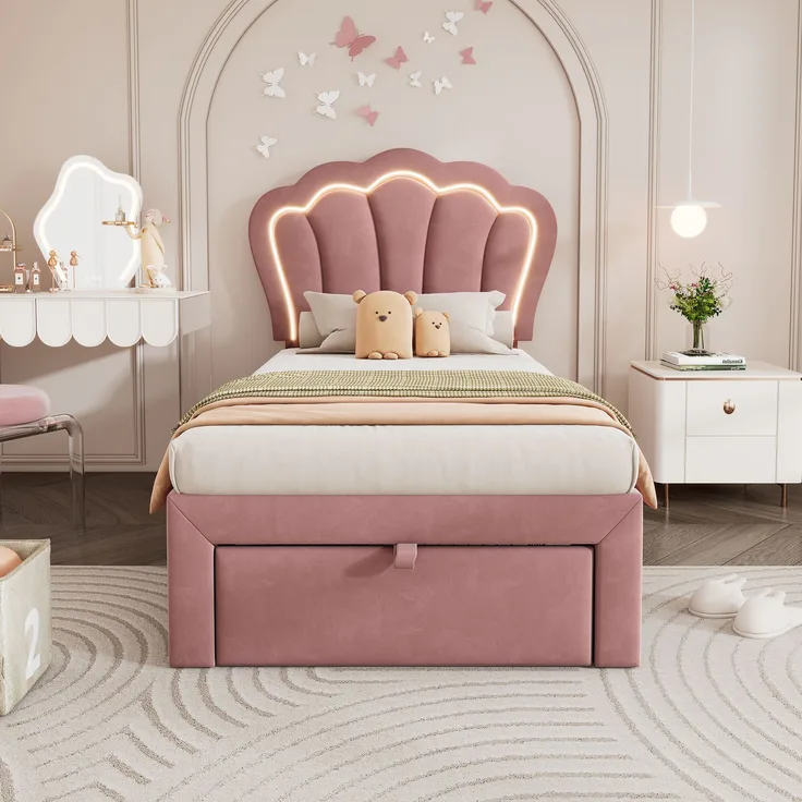 Kinderbett, Samt mit LED & Schublade, 90x190 cm, Rosa, ohne Matratze