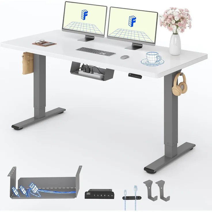 FLEXISPOT Basic Plus Elektrisch Höhenverstellbarer Schreibtisch (140x80 cm) mit Tischplatte 2-Fach-Teleskop, Sitz- & Stehpult mit Memory-Steuerung (weiß+grau Gestell)