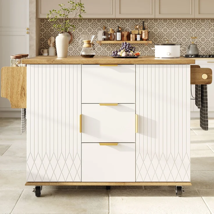 Küchenwagen 134 x 46/74 x 88 cm aus MDF und Metall mit ausklappbarer Arbeitsplatte und Steckdosen – Bild 2