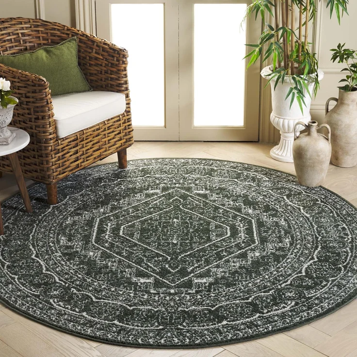 SAFAVIEH Runder Teppich 183 cm Rund - Adirondack Collection - Traditionelles Design, Dunkelgrün & Elfenbein, Pflegeleichte Synthetikmischung, Ideal für Wohnzimmer, Schlafzimmer, Büro (ADR108Y)