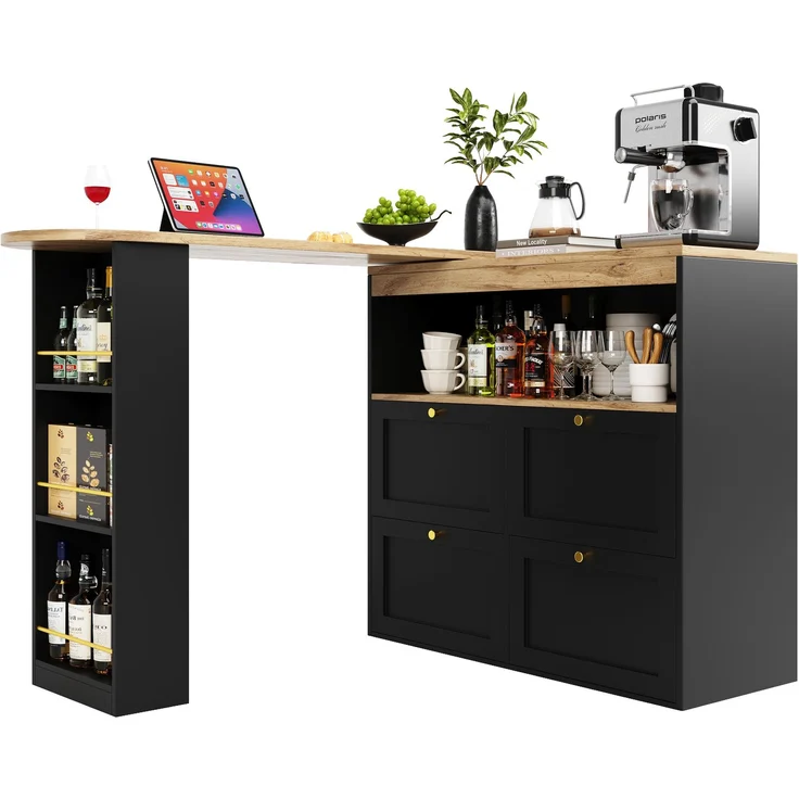 Bartisch 105 x 39 x 102 cm, 360° drehbar, mit 4 Schubladen und offenen Ablagen, Schwarz – Bild 17