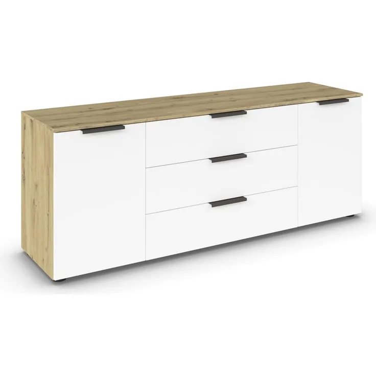 Rauch Möbel Flipp, Kommode für Schlafzimmer, Kinderzimmer, Wohnzimmer, Jugendzimmer, Flur, Garderobe, 2-türig, 3 Schubladen, mit Softclose-Funktion, Farbe Eiche Artisan, Holz/Weiß, Breite 160 cm