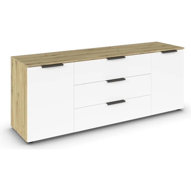Rauch Möbel Flipp, Kommode für Schlafzimmer, Kinderzimmer, Wohnzimmer, Jugendzimmer, Flur, Garderobe, 2-türig, 3 Schubladen, mit Softclose-Funktion, Farbe Eiche Artisan, Holz/Weiß, Breite 160 cm