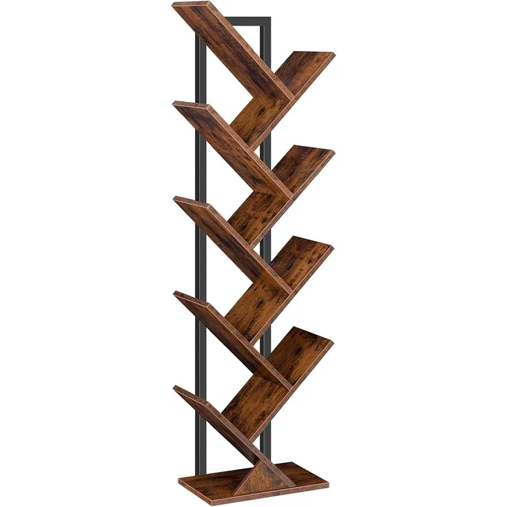 HOOBRO Bücherregal, Standregal mit 9 Ebenen, Holz DVD Regal, in Baumform, Metallgestell, für Wohnzimmer, Arbeitszimmer, Kinderzimmer, Vintagebraun EBF08SJ01G1