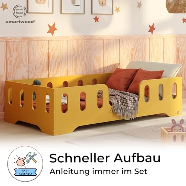 smartwood Kinderbett Bodenbett 90x200 mit Rausfallschutz & Lattenrost - Senfgelb - Kinder Montessori Bett TILA 2 mit glatten Kanten - Betten für schnelle Montage - Bis 230 kg belastbar – Bild 5