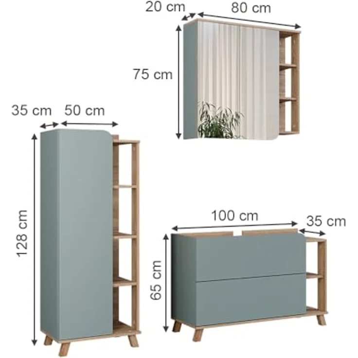 Vichy Badmöbel-Set Karen, Sonoma/Blau, 3-teilig mit elegantem Waschbeckenunterschrank und geräumigem Spiegelschrank – Bild 2