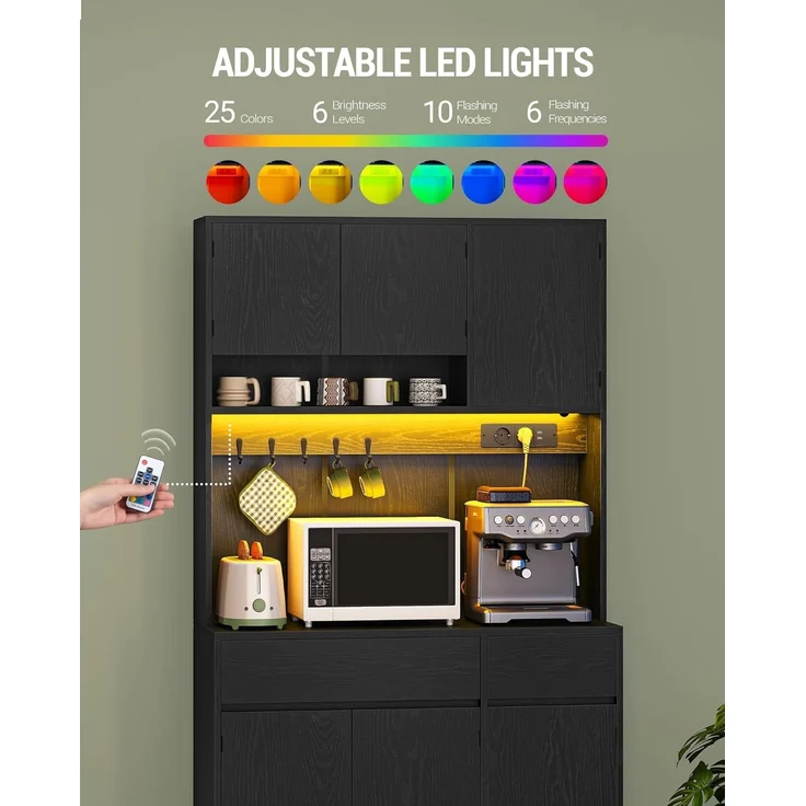 Küchenschrank, mit Steckdosen und Led-Lichtleisten, mit Arbeitsplatten und 2 Schubladen, Verstellbare Einlegeböden, Holz Schwarz, 40 x 100 x 180 cm – Bild 5