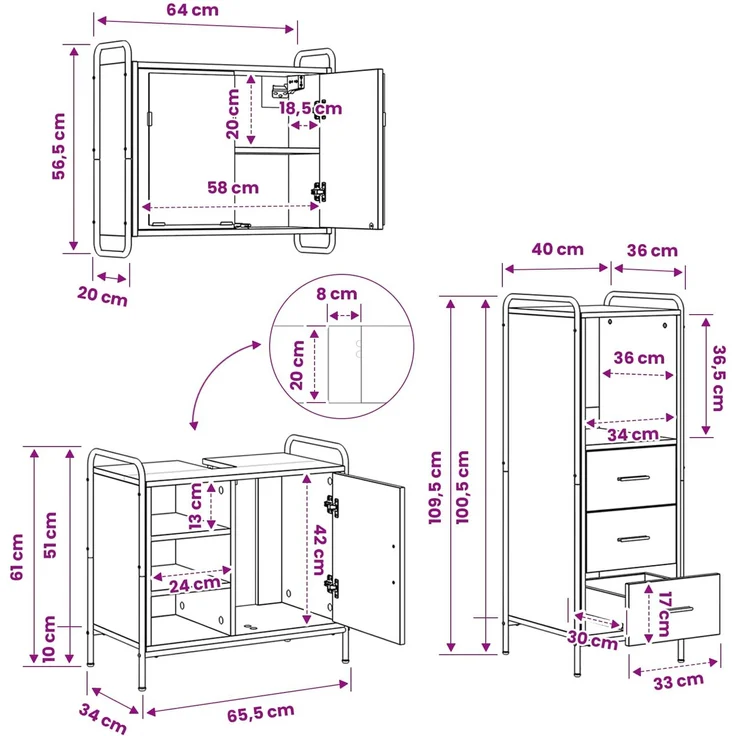 vidaXL Badezimmerschrank-Set 3 stk. Artisan-Eiche 40 x 36 x 109,5 cm 3444536 – Bild 12