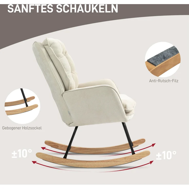Schaukelstuhl mit Holzkufen Chenille Bezug Ergonomische Rückenlehne 120 kg Tragkraft Beige – Bild 2