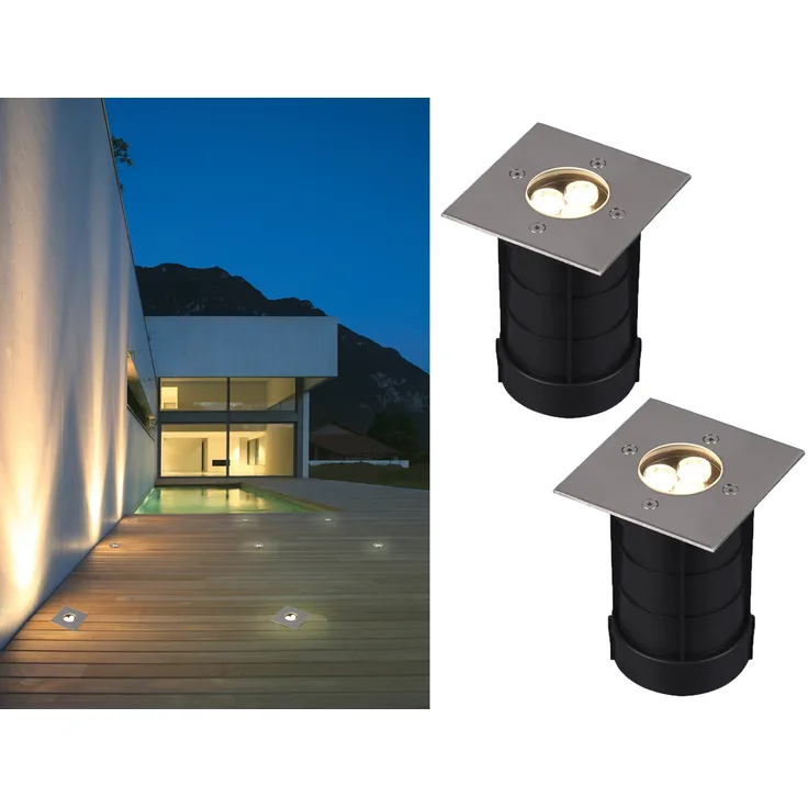 LED Bodeneinbauspot eckig 2er Set Edelstahl 11cm IP65 Bodenstrahler für Einfahrt